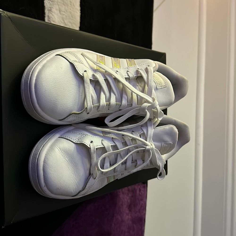 White with multi chrome stripes Adidas sneaker